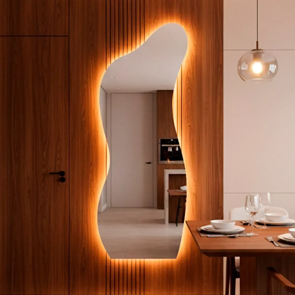 Ver imagem 1 de Espelho Decorativo Orgânico Led Quente 170x70 de Parede Curves para Sala Quarto Banheiro Escritório