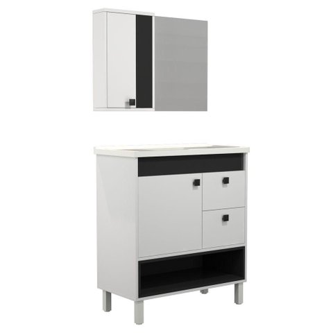 Conjunto Gabinete de Banheiro Istambul 1 Porta 1 Prateleira 80cm Branco e Preto Venturi
