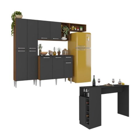 Armário de Cozinha Compacta com Bancada Americana Pequim Multimóveis Mp2204 Carvalho Avelã/preto