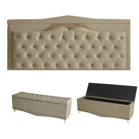 Kit Helena Cabeceira de Cama Painel e Calçadeira Baú Casal 140 Cm Suede Bege Eli Móveis e Decoração