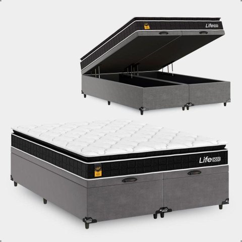 Cama Box Baú Casal Bipartido Cinza + Colchão Life D33 Pillow Top 61x138x188cm Preto - e-Shop Casa