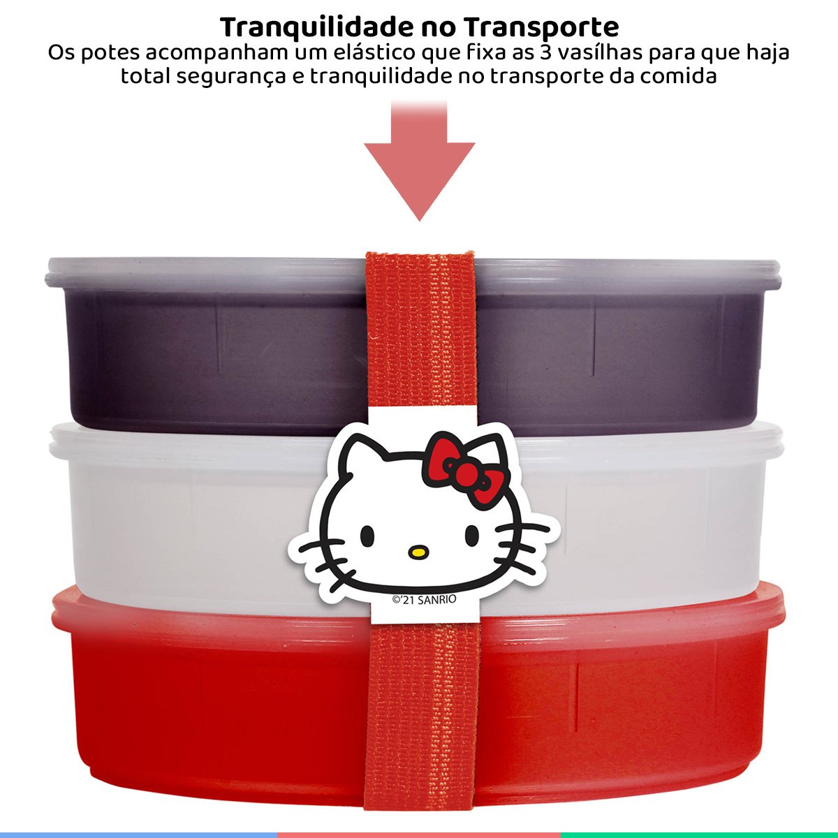 Kit 3 Potes Para Armazenamento Alimentação Infantil Com Banda Elástica Fixadora Hello Kitty - 2