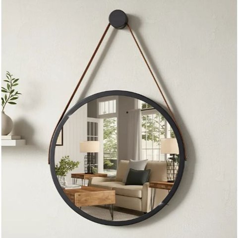 Espelho Redondo Adnet 40cm Suspenso Moderno Luxo - Preto | Alça Marrom