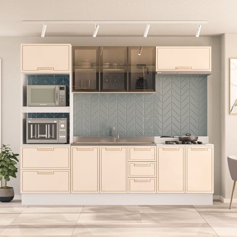 Cozinha com Rodapé Torre Quente Armário Cristaleira Aéreo Basculante Balcão Amara Bege/Creme/Branco