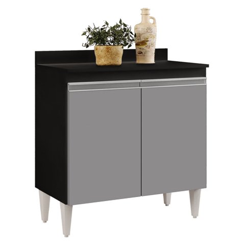Balcão de Cozinha Lavanderia com Tampo 02 Portas Sara Preto e Cinza 80 cm - D’Rossi