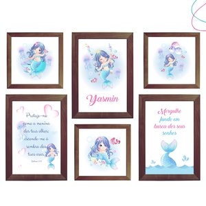 Kit 6 Quadros Decorativos moldura\vidro sereia:Tabaco