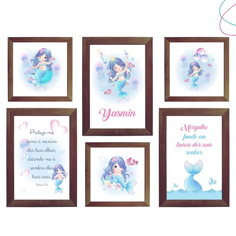 Kit 6 Quadros Decorativos Moldura\vidro Sereia:tabaco