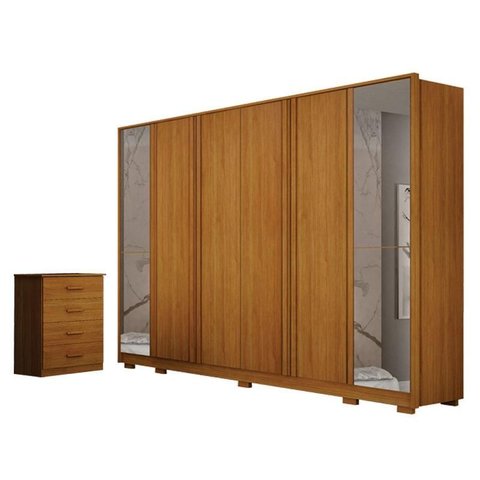 Guarda Roupa Casal Ares 6 Portas com Espelho Cinamomo com Cômoda Rubi 4 Gavetas Cinamomo – Leifer