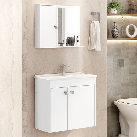 Conjunto para Banheiro Munique Ii Branco com Espelheira e Gabinete para Banheiro Moderno