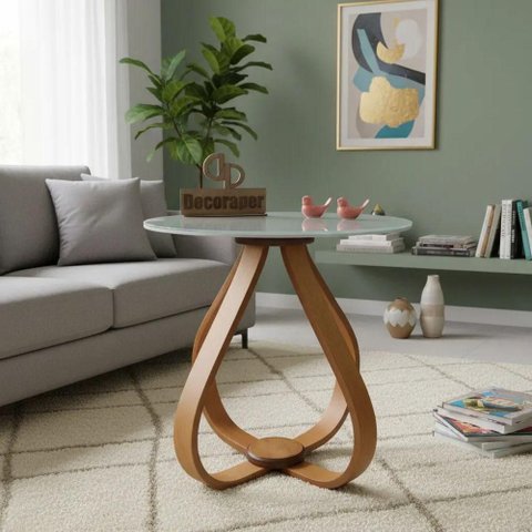 Mesa Lateral Bela Alice Redonda Vidro MDF 60cm Off White Decoraper