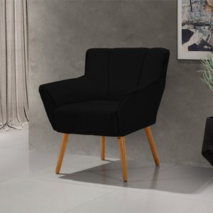 Poltrona Decorativa Itália para Sala de Estar Base Madeira Maciça Estofado Linho Preto