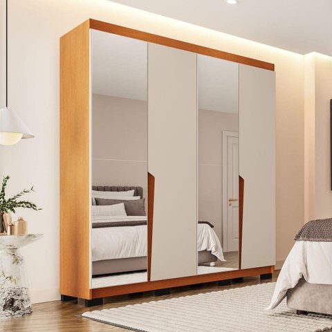 Roupeiro Solteiro Porto 4 Portas com Espelho 161x214cm Freijó/Creme 240847