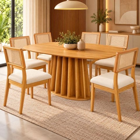Kit Mesa de Jantar Orgânica Ripada 6 Lugares Tampo em MDF com Cadeiras Estofadas 160cm Dalla Costa