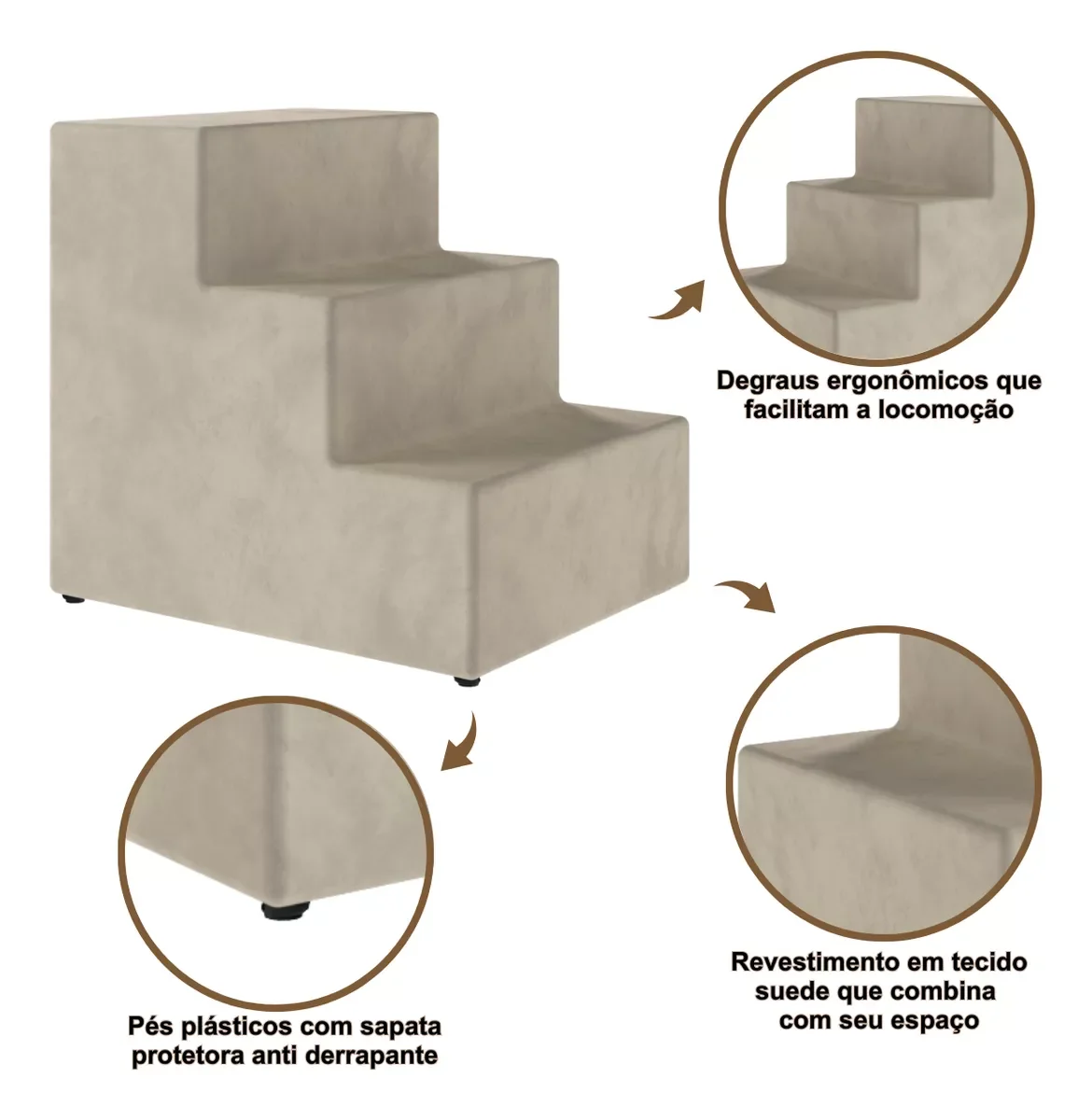 Escadinha para Pet Gato Cachorro com Degraus Sofá Cama Jake - Suede Bege - 7