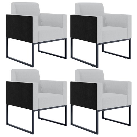 Kit 4 Poltronas Decorativas Sala Base Fixa Metal Helô L02 Linho Cinza Couríssimo Preto - Lyam