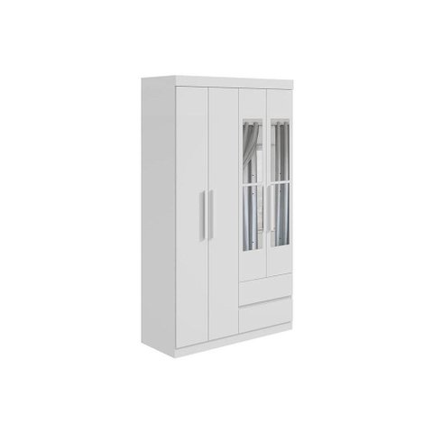 Guarda Roupa Solteiro 4 Portas e 2 Gavetas C/ Espelho Zeus Branco - Lopas