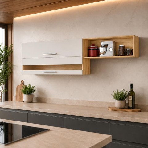 Armário Aéreo Duplo 100% MDF 2 Portas 200cm Carménère Amêndoa / Off White Ronipa