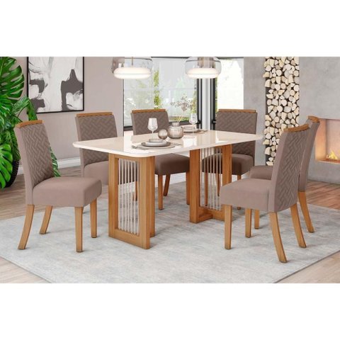 Conjunto: Mesa de Cozinha Yara C/ Tampo Madeirado C/ Vidro Curvo 160x90cm e 6 Cadeiras Malu Nature/