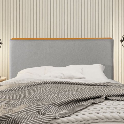 Cabeceira Cama Box Casal 1,40m Estofada Detalhe em Madeira Java Linho Cinza
