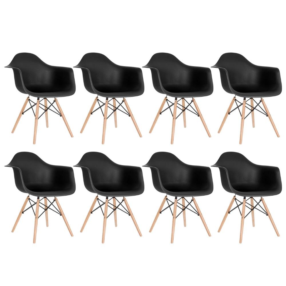 KIT - 8 x cadeiras Charles Eames Eiffel DAW com braços - Base de madeira clara - Preto