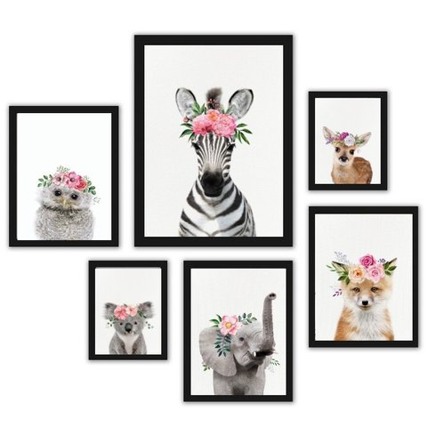 Composição 6 Quadros Infantis Animais com Flores:madeira Branca