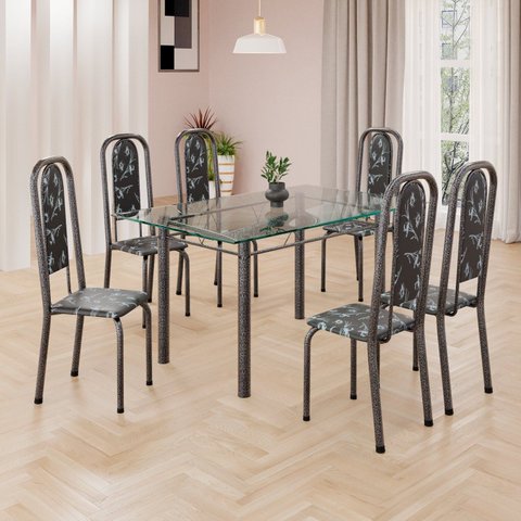 Conjunto de Mesa Retangular 140x75cm Tampo de Vidro 6 Cadeiras Lavínea Prata/Preto Floral/Mart