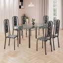 Ver imagem 1 de Conjunto de Mesa Retangular 140x75cm Tampo de Vidro 6 Cadeiras Lavínea Prata/Preto Floral/Mart