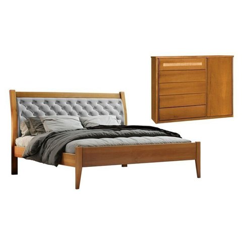 Conjunto Quarto de Casal Cama Queen 160cm e Cômoda Rattan 5 Gavetas com Sapateira Unique
