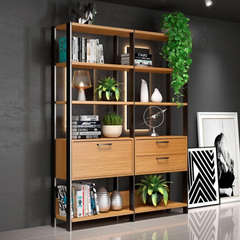 Estante para Livros Home Office 100% Mdf 1 Porta 2 Gavetas Freijó/preto - Panorama Móveis