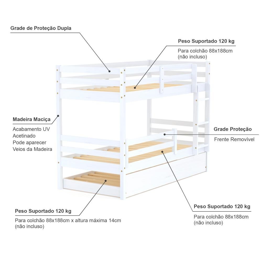 Treliche Solteiro Slim com Grade de Proteção Madeira Maciça Branco Housin - 4