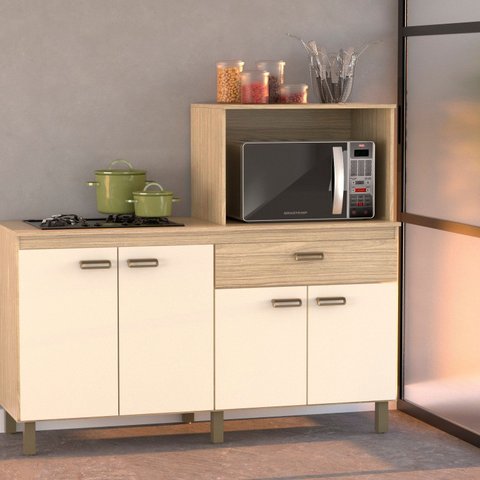 Balcão Cooktop e Forno Micro-Ondas 4 Portas e 1 Gaveta Bege/Amendoa/Off White