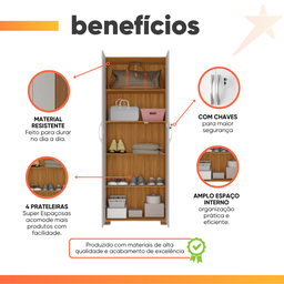 Armário Multiuso Sapateira 2 Portas com Chave 4 Prateleiras Sala de Estar Marrom Madeira Off White - 4