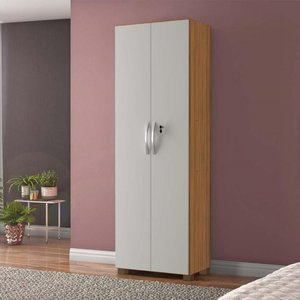 Armário Multiuso Sapateira 2 Portas Com Chave 4 Prateleiras Sala de Estar Marrom Madeira Off White