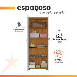 Armário Multiuso Sapateira 2 Portas com Chave 4 Prateleiras Sala de Estar Marrom Madeira Off White - 5