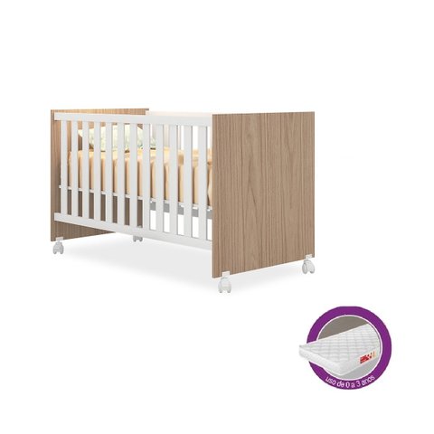 Berço Mini Cama Americano Doce Sonho Branco/ Carvalho com Rodízio + Colchão para Quarto Infantil