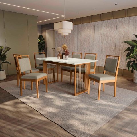 Conjunto Sala de Jantar Lina em Madeira Maciça 6 Cadeiras Linho Fendi