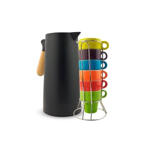 Kit Garrafa Térmica 1 Litro Cabo de Madeira + Conjunto de 6 Xícaras de Café 50ml Coloridas Cor:preto