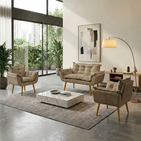 Kit Namoradeira Decorativa e 2 Poltronas Confortável para Sala Recepção Manicure Alice Suede