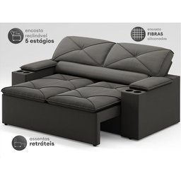 Sofá com Porta Copos Retrátil e Reclinável Pop 1,54m Velosuede Cinza - Netsofas - 3