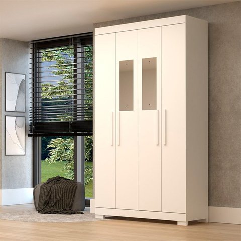 Guarda-Roupa Solteiro 4 Portas com Espelho 100% MDF 110cm Papoulas Espresso Móveis Branco