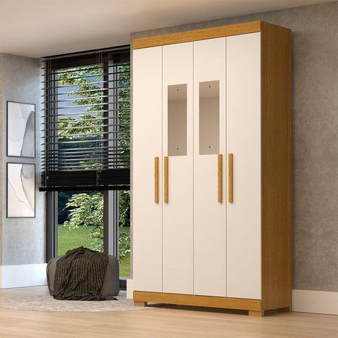 Guarda-Roupa Solteiro 4 Portas com Espelho 100% MDF 110cm Papoulas Espresso Móveis Off White/Cinamomo