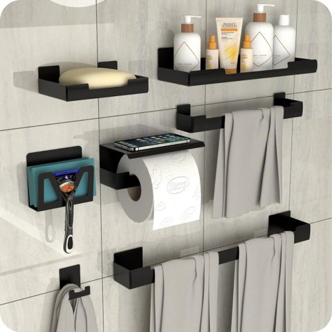 Kit Acessórios para Banheiro Preto Adesivo 7pçs Elg