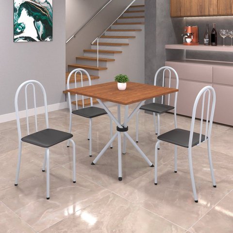Conjunto de Mesa Tubular 70x70cm Tampo em MDF com 4 Cadeiras Ane B Branco/Preto