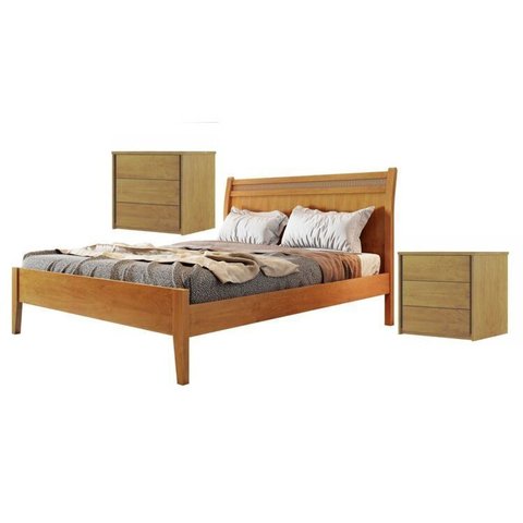 Conjunto Quarto de Casal Cama em Madeira Maciça Rattan e 2 Mesas de Cabeceira 3 Gavetas Unique