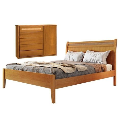 Conjunto Quarto de Casal Cama Queen e Cômoda 5 Gavetas com Sapateira e Detalhes Rattan Unique