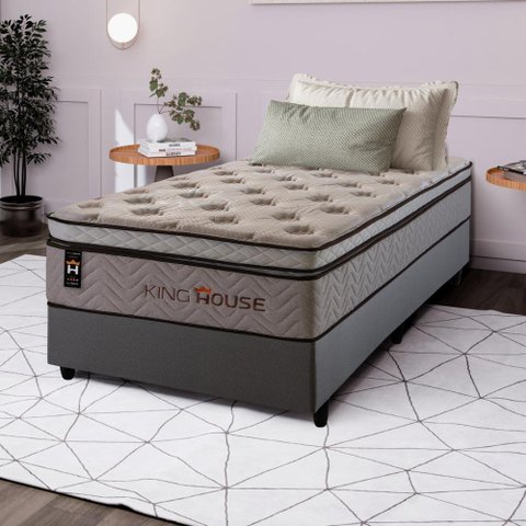 Conjunto Cama Box Solteirão c/ Molas Ensacadas Liverpool Cinza 96x203x73