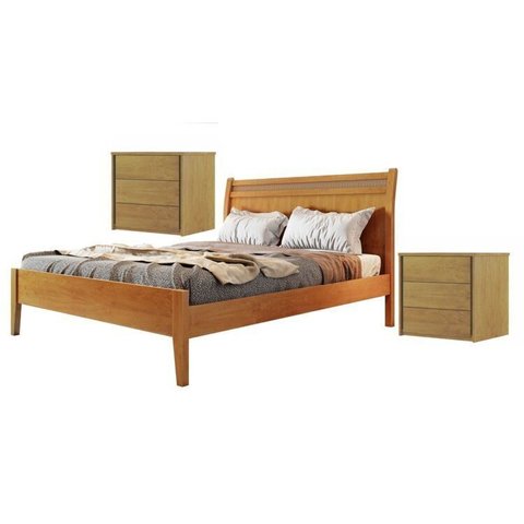 Conjunto Quarto de Casal Cama Queen em Madeira Maciça e 2 Mesas de Cabeceira 3 Gavetas Unique