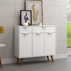 Aparador Buffet Anton 2 Gavetas 3 Portas com Pés Retrô para Sala ou Cozinha 90cm:branco