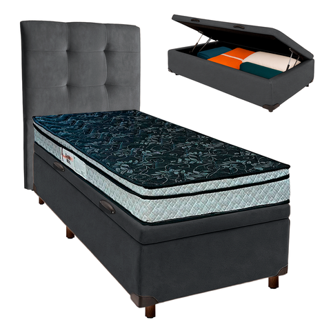 Cama + Bau Cinza e Colchão D28 Solteiro - Conforto Paropas + Cabeceira