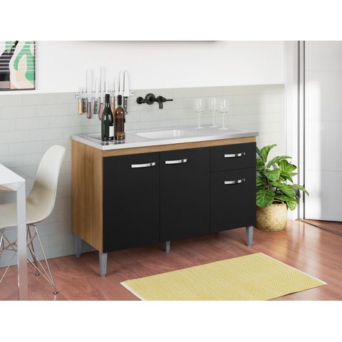 Balcão Pia Gabriela AJL 120cm 3 Portas 1 Gaveta:Amêndoa/Preto